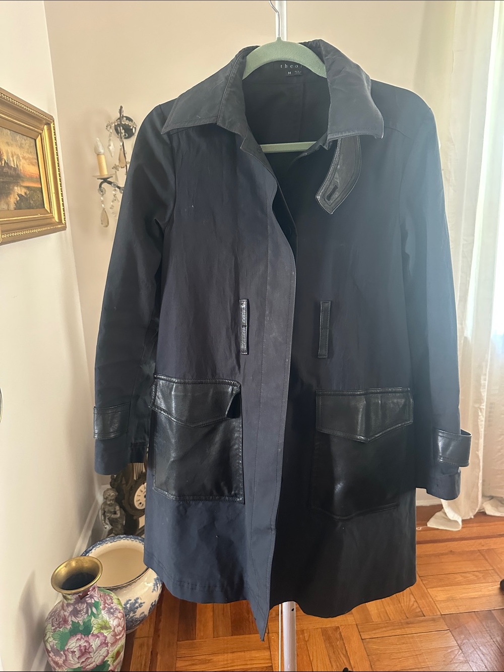 Theory Black Trench Coat with Leather Pocket Details